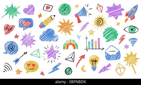 Colorful crayon doodle icons displaying creative messages. Each element is hand drawn with detail and charm. Includes symbols such as hearts, stars, r Stock Vector