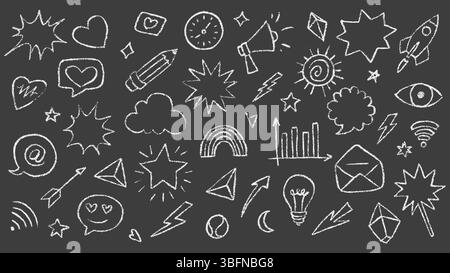 White chalk doodles featuring hearts, stars, rockets, and arrows. Hand drawn and textured art style. Perfect vector illustration for creative projects Stock Vector