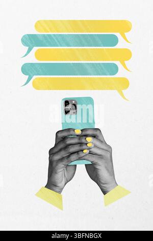 Composite 3D collage trend artwork template design of hand hold smartphone blogger speech cloud app comic cloud feedback box balloon Stock Photo