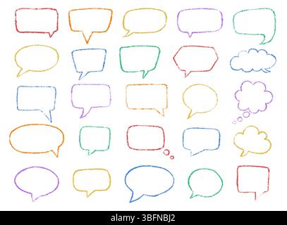 Colorful outline crayon speech bubbles are depicted in a variety of shapes. These are creatively hand-drawn designs showcasing unique expressions. Thi Stock Vector