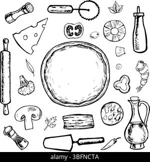 Pizza constructor. Vector graphics, black and white hand-drawn illustration. Isolate on a white background. A set of ingredients and tools for making Stock Vector