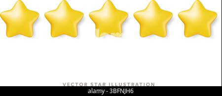Five glossy gold stars in row for customer review. 3d realistic vector yellow star objects design Stock Vector