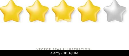 Four glossy gold stars in row for customer review. 3d realistic vector yellow 5 star objects design Stock Vector