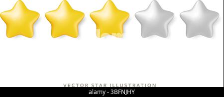 Three glossy gold stars in row for customer review. 3d realistic vector 5 yellow star objects design Stock Vector