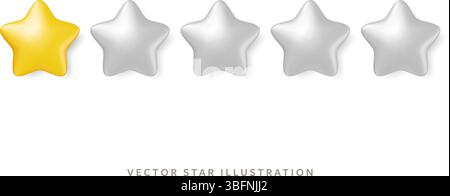 One glossy gold stars in row for customer review. 3d realistic vector 5 yellow star objects design Stock Vector