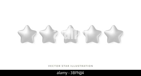 Five glossy silver stars without rating in row for customer review 3d realistic vector 5 star object Stock Vector