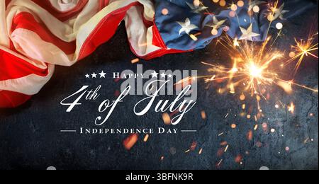Independence Day Card - 4th July - Usa Flag With Sparkler On Black Rock And Abstract Bokeh Lights Stock Photo