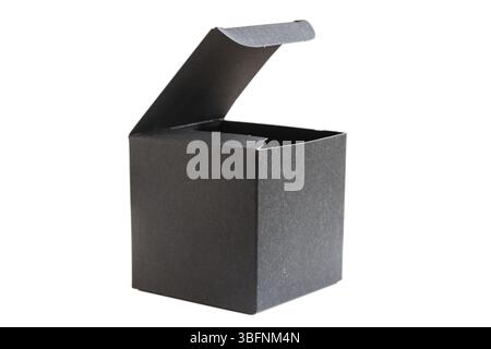 Black open cardboard gift box isolated on white background. Clipping path included. Stock Photo