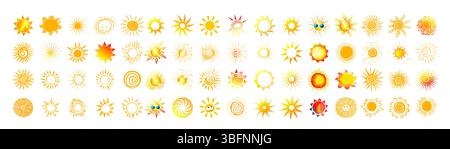 Large set of yellow suns. The sun objects are beautiful hand drawn. Not AI, Vector illustration Stock Vector