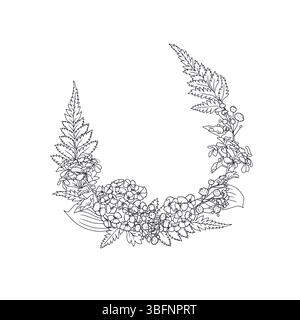 Hand drawn line art black and white sweet william and geranium flowers round wreath Stock Vector