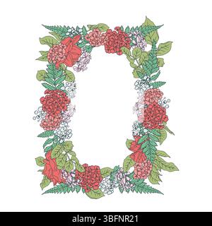 Beautiful hand drawn line art pink rose flowers and leaves vertical rectangle wreath Stock Vector