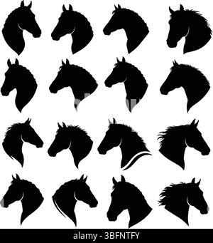 Horse Head Silhouette Vector Collection - Equestrian Animal Portrait Designs Stock Vector