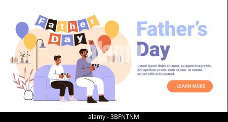 Father and son playing video games together celebrating holiday with balloons festive home decor sofa living room interior website banner Stock Vector
