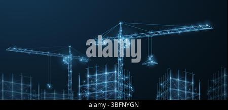 Construction. Polygonal wireframe building under crune on dark blue night sky with dots, stars. Stock Vector