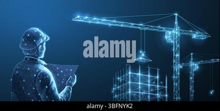 Construction. Polygonal wireframe building under crune on dark blue night sky with dots, stars. Stock Vector