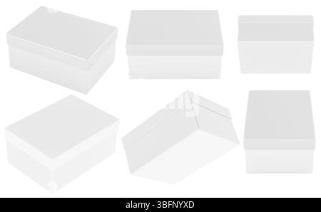 Blank rectangular boxes with lids isolated in various angles. Clean white packaging mockup for branding, storage, or product design. 3D rendering isol Stock Photo