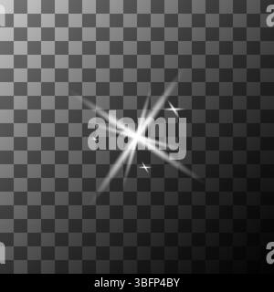 Light cross effect. Radiant shape symbol. Vector glow icon. Checkerboard pattern. Stock Vector