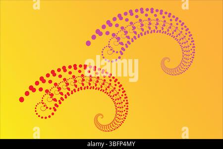 Curved abstract swirl made of red and pink dots with orange background vector composition Stock Vector