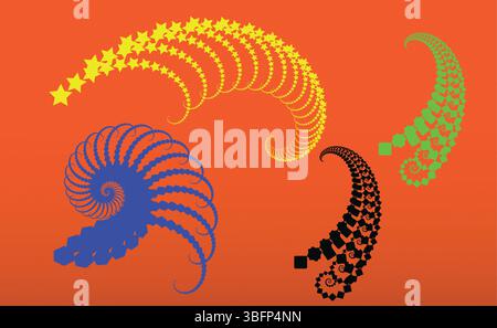 Multi-color spiral swirl design with stars and dots in radial pattern on orange background Stock Vector