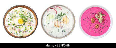 Cold soups in bowls isolated on white, set. Top view Stock Photo