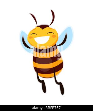 Cartoon honey bee character, cute honeybee animal mascot with cheerful expression and bright black and yellow stripes. Isolated vector flying bee insect personage waving hands and happily smiling Stock Vector