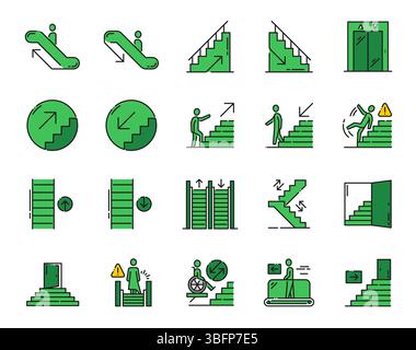 Stairs, escalator and elevator emergency exit color line icons. Evacuation emergency exit and direction outline vector icons. Elevator for disabled, escalator and slippery stairs green pictograms Stock Vector