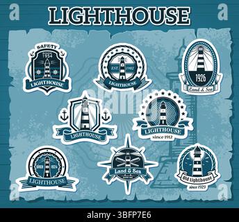 Marine lighthouse badges and labels stickers with vintage nautical symbols. Vector marine light house towers with anchors, helms, spyglass and seagulls in heraldic shield frames of ropes, wind roses Stock Vector