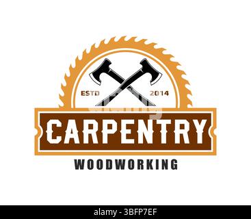 Carpentry woodwork icon featuring crossed axes silhouette in front of a circular saw blade, emphasizing the woodworking tradition, sawmill service and craftsmanship with rugged brown and black tones Stock Vector