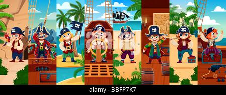 Cartoon kid pirate and corsair characters collage. Cheerful girls and boys kid pirate captain, sailor vector personages reading treasure map, waving Jolly Roger, playing with parrot and steering ship Stock Vector