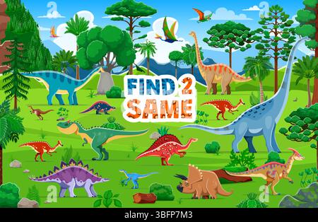 Find two same dinosaur characters, kid game worksheet at prehistoric landscape vector background. Jurassic dinos puzzle quiz, cartoon brachiosaurus, triceratops and pteranodon dinosaurs matching game Stock Vector