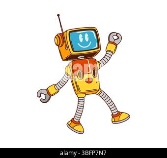 Cartoon groovy robot character with yellow boxy body, antenna and flexible arms. Vector smiling droid or android with screen face and funny expression. Retro personage with comic y2k hippie funky vibe Stock Vector