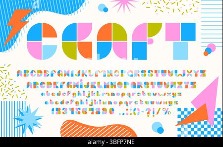 Font, geometric typeface of 80s and 90s type for decorative English alphabet, vector letters. Abstract geometric font with colors and shapes craft typeface for retro trendy mosaic figures type font Stock Vector