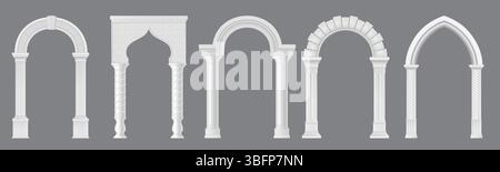 Realistic arches and pillar gates of palace or white marble archway, vector set. Castle and palace white marble arches, realistic Medieval palace archway or antique Greek, Roman and Arabian columns Stock Vector