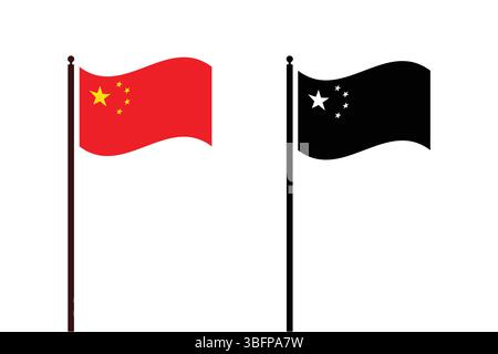 Two flags are waving, one with red and yellow stars, the other in black and white stark contrast. Stock Vector