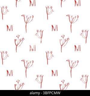 Seamless red dill pattern with hand drawn herbs and handwritten word dill on white background in whimsical botanical style Stock Vector
