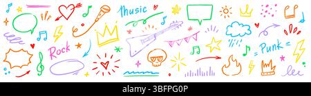 Music star doodle icon punk rock set. Hand drawn music sketch guitar, microphone, skull. Fun graffiti star shape doodle arrow, crown, speech bubble grunge decoration elements. Vector illustration Stock Vector