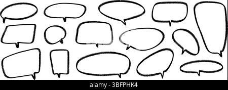 Hand drawn speech bubbles collection. Doodled marker dialog box set. Sketched textured comic talk frames. Round, square or rectangle balloon text box bundle. Vector felt tip pen chat box pack Stock Vector