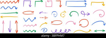 Hand drawn crayon arrow collection. Color curved, zig zag and wavy doodle arrows set. Charcoal sketch pointers and direction lines. Vector pastel pencil, chalk or marker brush stroke elements Stock Vector