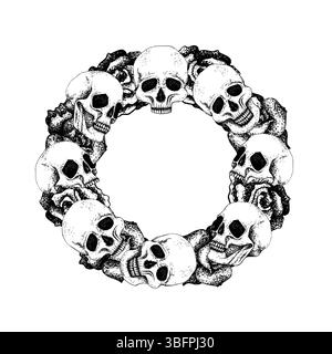 Frame with skulls. Black graphic circle vector illustration isolated from background with white plate. Hand drawn template in Gothic style, Halloween Stock Vector
