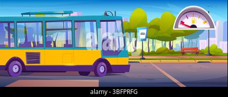 Empty bus waits at stop with gasoline indicator - yellow public transport vehicle with windows parks beside station platform. Urban scene with fuel meter, bench and trees against city skyline. Stock Vector