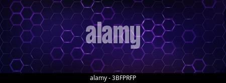 Purple neon hexagon pattern for futuristic game background - glowing geometric honeycomb grid with violet light edges on dark surface. Digital technology wallpaper with hexagonal cells for sci fi. Stock Vector