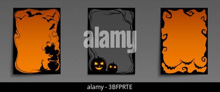 Halloween frame set for social media posts - orange witch cauldron border with bats, spooky pumpkin design, decorative gothic swirls with terrible smiles template. Black silhouette party invitation Stock Vector