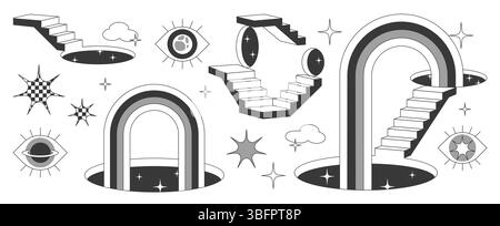 Surreal portal designs with stairs - mystical door arches, black holes, floating eyes, cosmic gateways. Abstract stairways with celestial shapes for dreamlike or psychedelic artwork concepts. Stock Vector