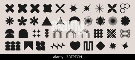 Brutalist shape set. Black geometric symbols - crosses and stars, flowersand circles, arches and hearts on beige background. Minimalist abstract design elements with spiral patterns for modern graphic Stock Vector