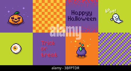 Pixel art Halloween greeting card collection - retro 8 bit style October designs with orange pumpkin, white ghost, witch cauldron and eyeball, colorful checkered patterns for spooky party invitations Stock Vector