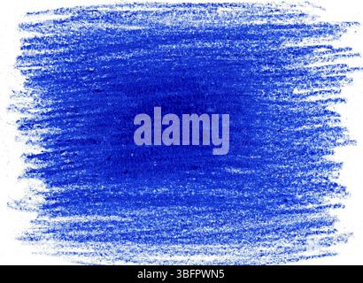 Horizontal strokes of blue on white background. Texture of wax crayons, chalk. In center of background there is dark spot that becomes lighter towards Stock Photo