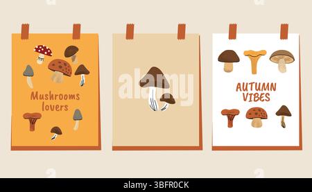 Set of three flat style posters featuring autumn mushrooms. Includes autumn phrases with colorful fungi on warm-toned backgrounds. Perfect for Stock Vector