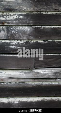 Close-up of weathered wooden siding on an old abandoned building, featuring peeling paint, rusty nails, and a rustic, aged texture Stock Photo