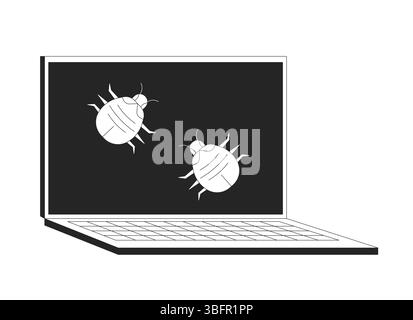 Computer bugs crawling on laptop screen 2D line object Stock Vector