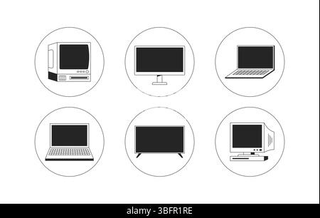 Computers, monitors in circular icons 2D line objects set Stock Vector